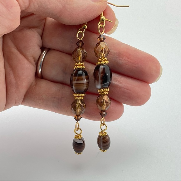 Art Glass Dangle Earrings, Handmade, Vintage Brown Swirl Beads, Crystals, BoHo - Picture 7 of 10